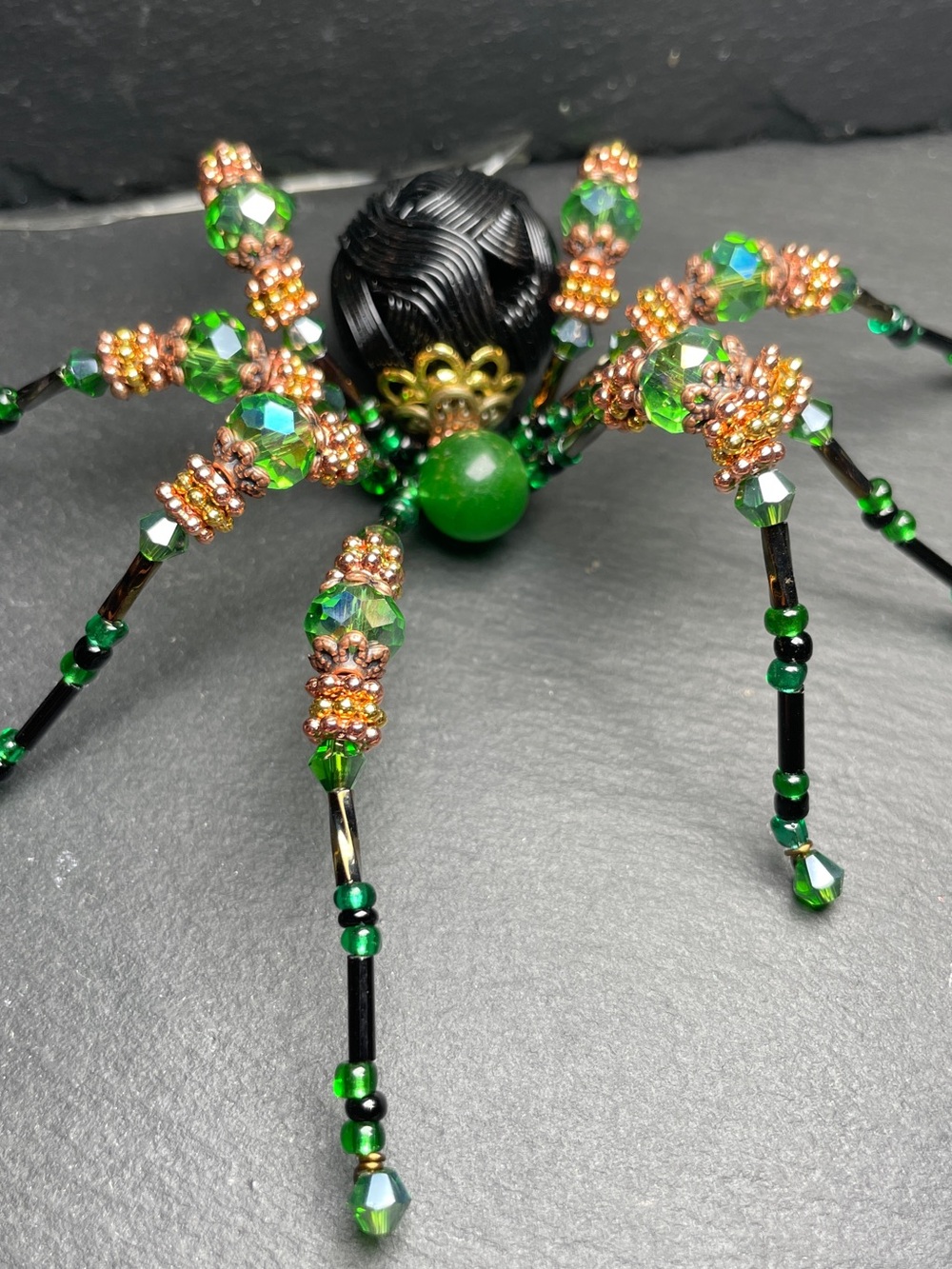 Artisan Made | Green Jade | Black Crystal Beaded Spider | Halloween Ornament - Picture 5 of 14